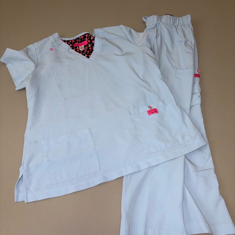 Betsey Johnson Light Blue Scrub Set with Pink Details